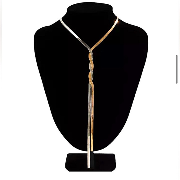 Y Lariat Twisted Two Tone Tassel Herringbone Flat Snake Statement Chain Necklace - Picture 3 of 7